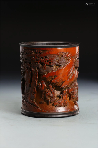 A BAMBOO CARVED FIGURES STORY BRUSH POT