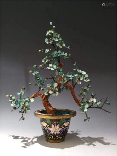 A TURQUOISE FLORAL BONSAI WITH CLOISONNE BASIN