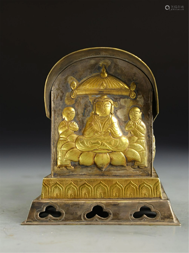 A CARVED BUDDHAS GILT ALLOY COPPER COFFIN SHAPE DECO