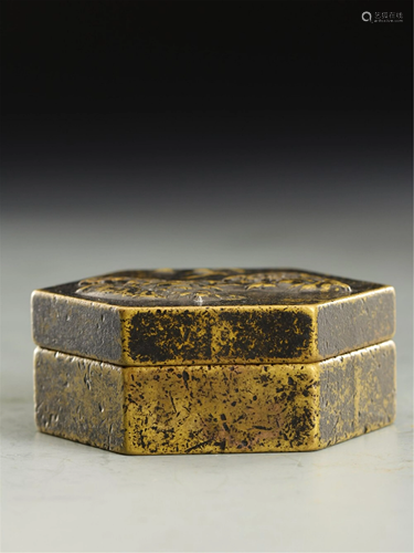 A CARVED LANDSCAPE BRONZE HEXAGONAL BOX AND CO…