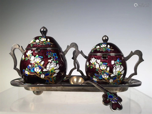 PAIR OF SILVER CLOISONNE TEA-LEAF CANS WITH TRAY