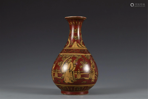 A RED AND YELLOW GLAZE FIGURES STORY VASE