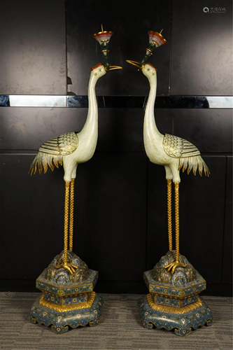 PAIR OF CRANE SHAPED CLOISONNE CANDLE HOLDERS