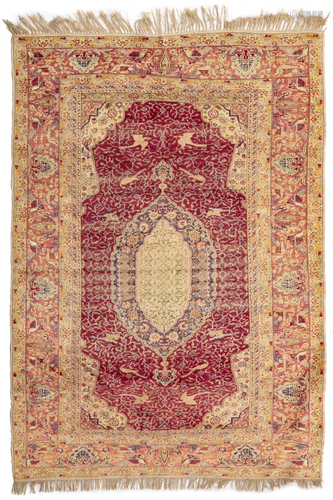 AN OTTOMAN CARPET WITH VERY RARE HUNTING DESIGN, 19TH