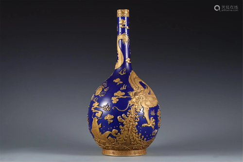 A BLUE GLAZE GOLD PAINTED DRAGON VASE