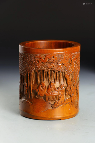 A BAMBOO CARVED 'SCHOLARS GATHERING' BRUSH POT