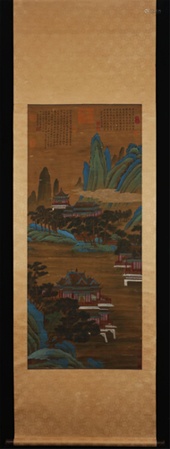 A CHINESE SILK PAINTING OF LANDSCAPE AND PAVILIONS