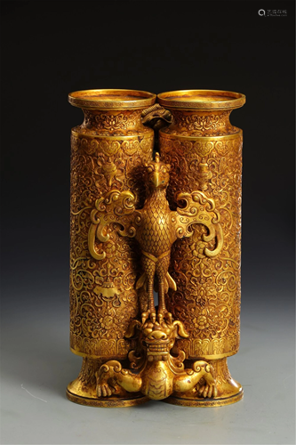 A GILT BRONZE DRAGON PHOENIX DOUBLE INCENSE TUBE