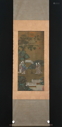 A CHINESE SILK PAINTING OF LADIES IN THE GARDEN