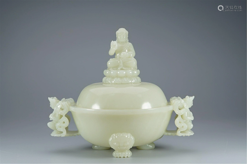 A WHITE JADE INCENSE BURNER WITH BUDDA HANDLES