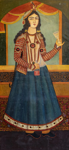 WOMAN HOLDING A CUP, QAJAR STAYL, IRAN ,20TH CENTURY