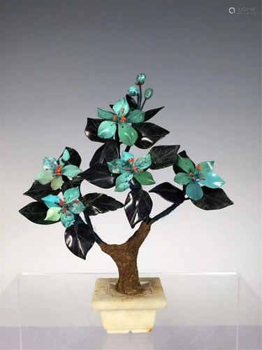 A TURQUOISE FLORAL BONSAI WITH JADE BASIN