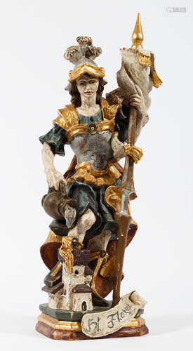 Hl. Florian. Polychrom bemalte Holzfigur. H 67 cm