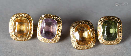 Paar Manschettenknöpfe. Zwei Citrine, Peridot und Amethyst i...