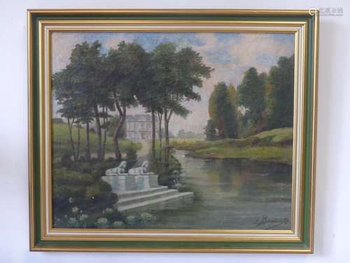 Vue d'une maison depuis le parc, huile sur toile. Dimensions...