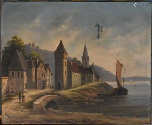 Ecole du XIXème siècle, Village sur l'eau, huile sur toile. ...