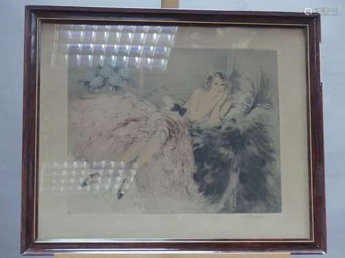 Jeune femme en tenant de cabaret, lithographie en couleurs. ...