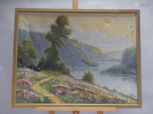 Paysage fleuri au lac, huile sur toile. Sigén en bas à droit...