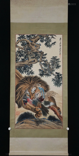 A CHINESE PAINTING OF LION HUNTING