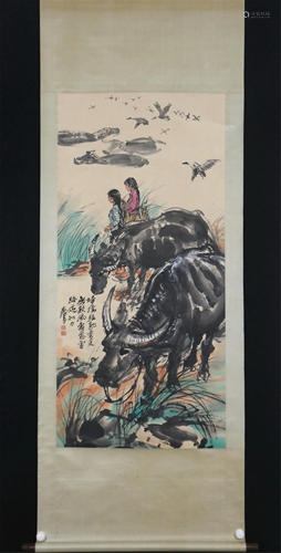 A CHINESE PAINTING OF HERDING BUFFALOES