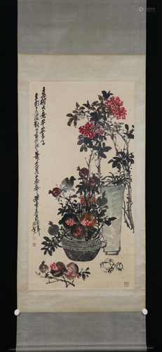 A CHINESE PAINTING OF BRONZE WARE RUBBING AND FRUITS