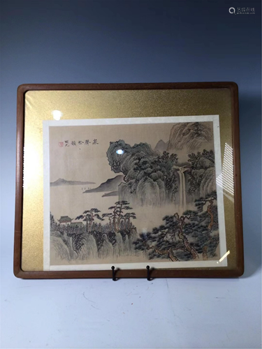 A FRAMED CHINESE PAINTING OF LANDSCAPE AND FIGURES