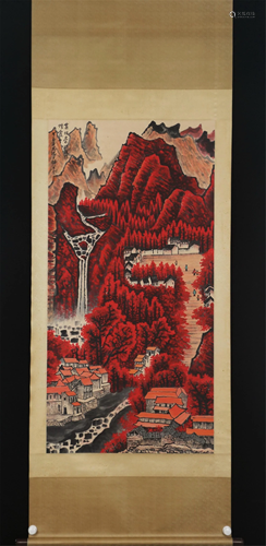 A CHINESE PAINTING OF MOUNTAIN VILLAGE AND FIGURES