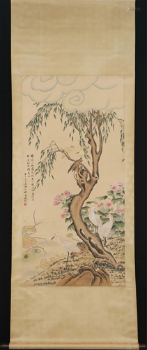 A CHINESE PAINTING OF EGRETS UNDER WILLOW TREE