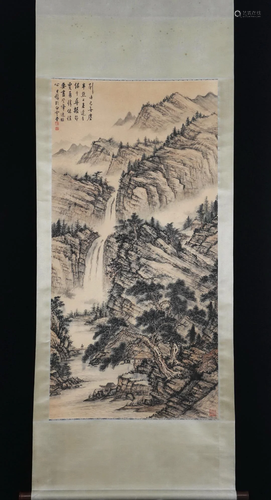 A CHINESE PAINTING OF WATERFALL SCENERY