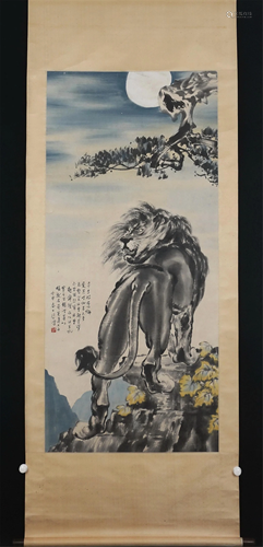 A CHINESE PAINTING OF LION UNDER MOON LIGHT