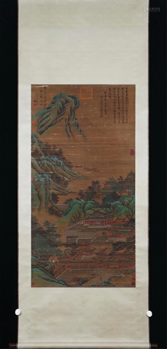 A CHINESE SILK PAINTING OF MOUNTAIN PAVILIONS AND