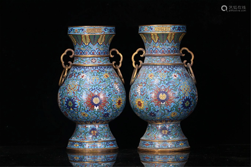 PAIR OF DOUBLE-HANDLED CLOISONNE ENAMEL VASES