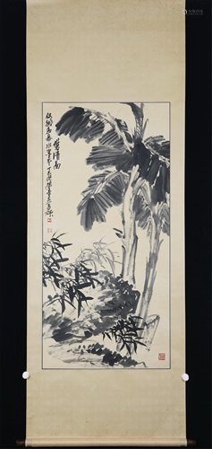 A CHINESE PAINTING OF BAMBOO, ROCK AND BANANA TREE