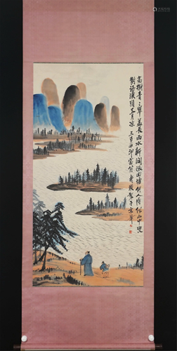 A CHINESE PAINTING OF LANDSCAPE AND FIGURES