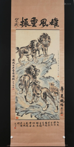 A CHINESE PAINTING OF LIONS