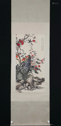 A CHINESE PAINTING OF SWALLOWS AND FLOWERS