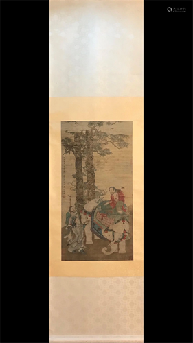 A CHINESE SILK PAINTING DEPICTING FIGURES STORY