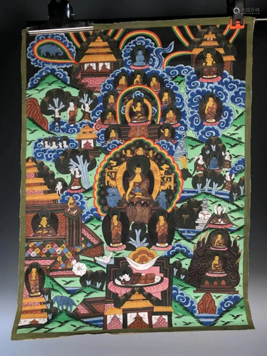 A HAND-PAINTED THANGKA OF BUDDHAS