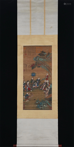 A CHINESE SILK PAINTING DEPICTING FIGURES STORY