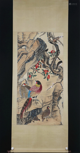 A CHINESE PAINTING OF FLOWERS AND BIRDS