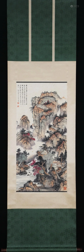 A CHINESE PAINTING OF WATERFALL MOUNTAIN COTTAGE