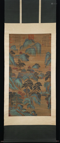 A CHINESE SILK PAINTING OF LANDSCAPE AND FIGURES