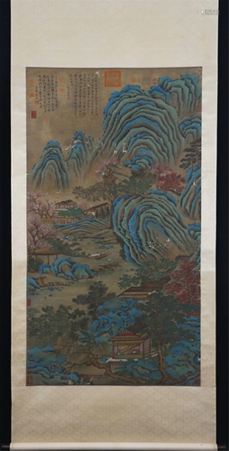 A CHINESE SILK PAINTING OF LANDSCAPE AND FIGURES