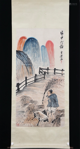 A CHINESE PAINTING OF RICE THRESHING