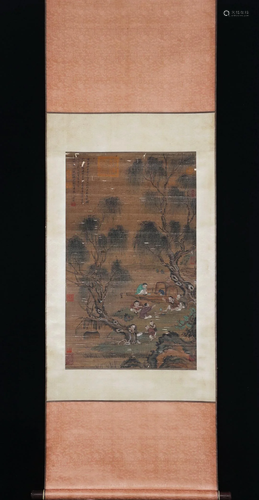 A CHINESE SILK PAINTING OF CHILDREN AT PLAY