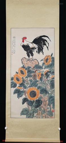 A CHINESE PAINTING OF ROOSTER AND SUNFLOWERS