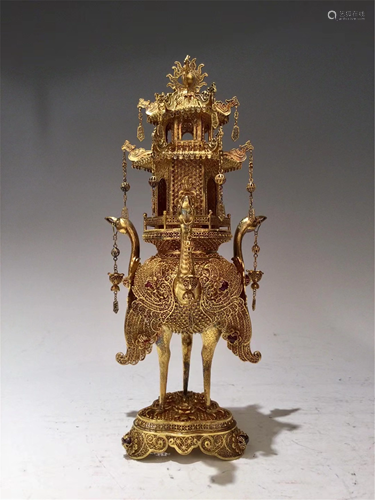 A HARD-STONES GILT SILVER INCENSE BURNER