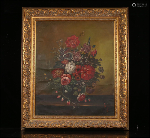 A FRAMED CHINESE OIL PAINTING OF FLOWERS