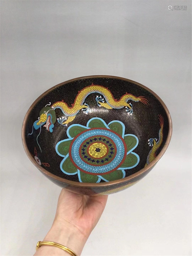 A BLACK GROUND CLOISONNE ENAMEL DRAGON BOWL