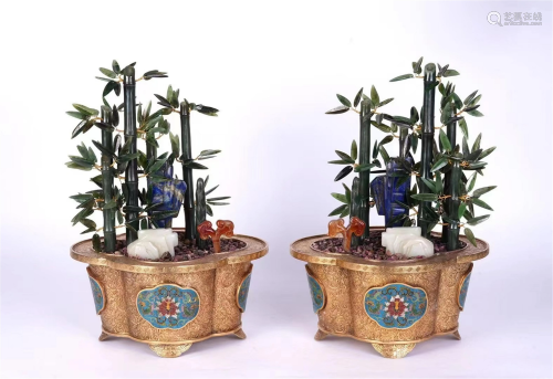 PAIR OF JASPER BAMBOO BONSAI WITH GILT BRONZE BASINS